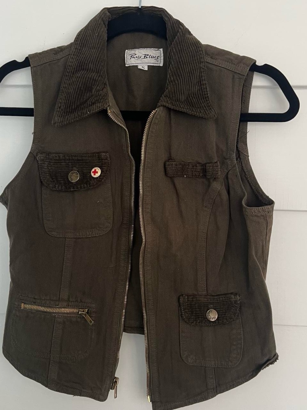 Paris Blues Vintage Olive Green Utility Vest with Corduroy Trim
